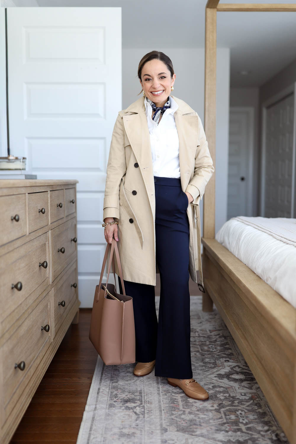 Four ways to style stretch navy pants via petite style blog pumps and push-ups | petite-friendly outfits for work