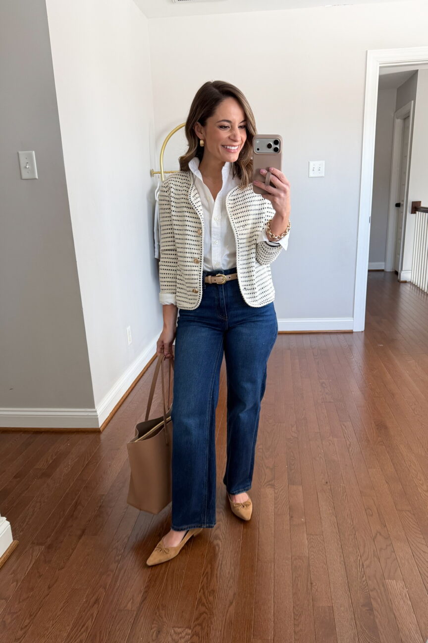 Casual petite outfit idea with jeans for work | petite-friendly outfits for work | the best petite jeans to wear to work