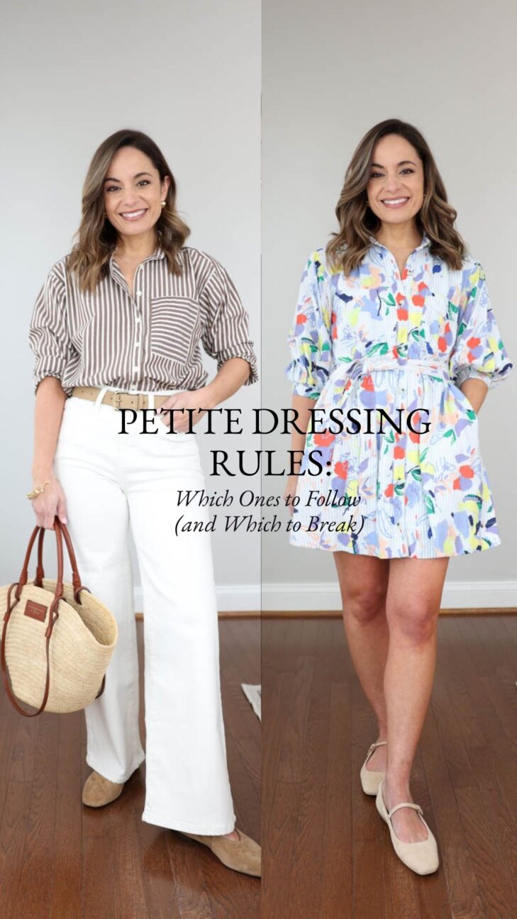Petite dressing rules explained — what works, what doesn’t, and how to create better proportions with jackets, jeans rise, shoe choices, and bold prints.