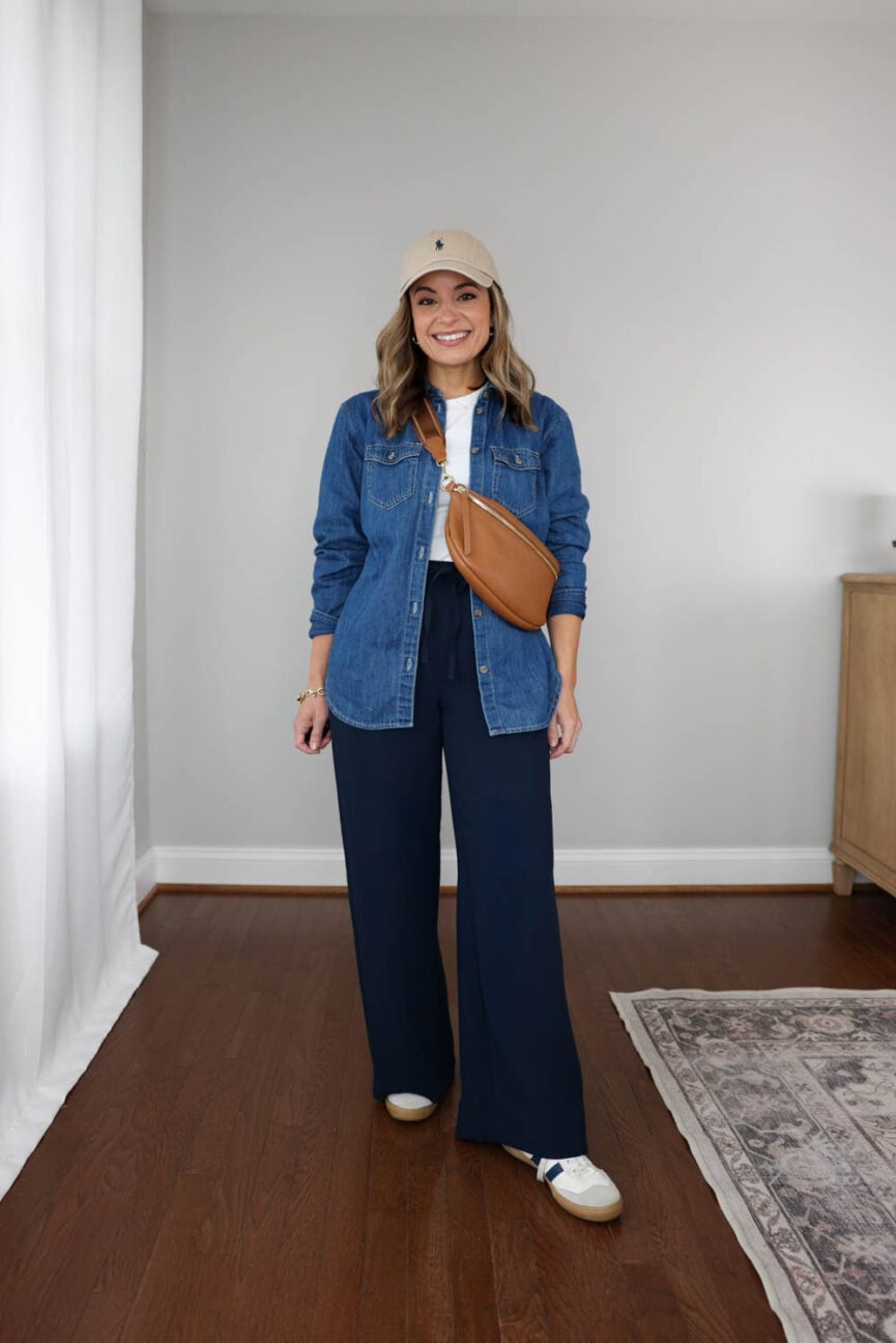 Casual spring capsule wardrobe with 10 pieces styled into 15+ outfit ideas including jeans, flats, sneakers, and easy everyday outfits.