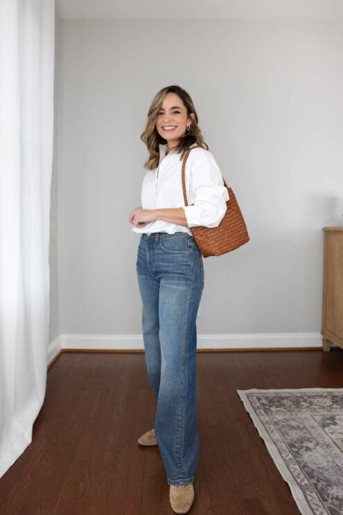 Petite cotton jeans review featuring Madewell and Aritzia denim tested for fit and shape retention