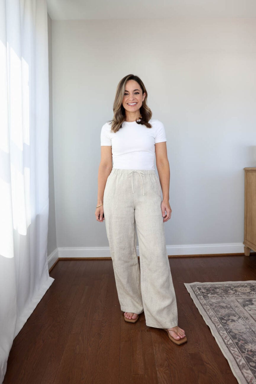 Petite-friendly Madewell linen pants outfit showing fit and length before wash test.