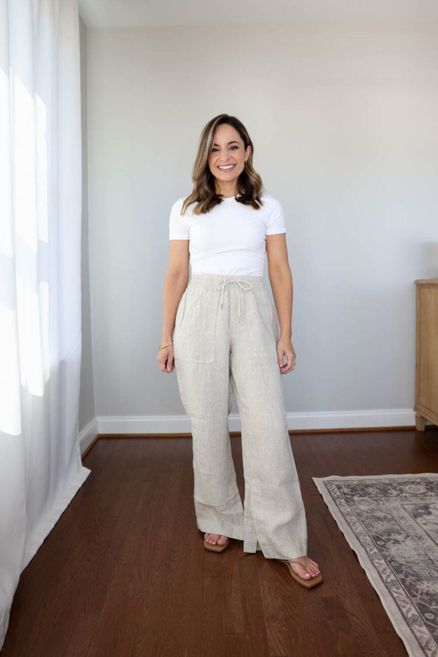 Athleta linen pants on a petite frame during wear test showing fit and wrinkle test results.