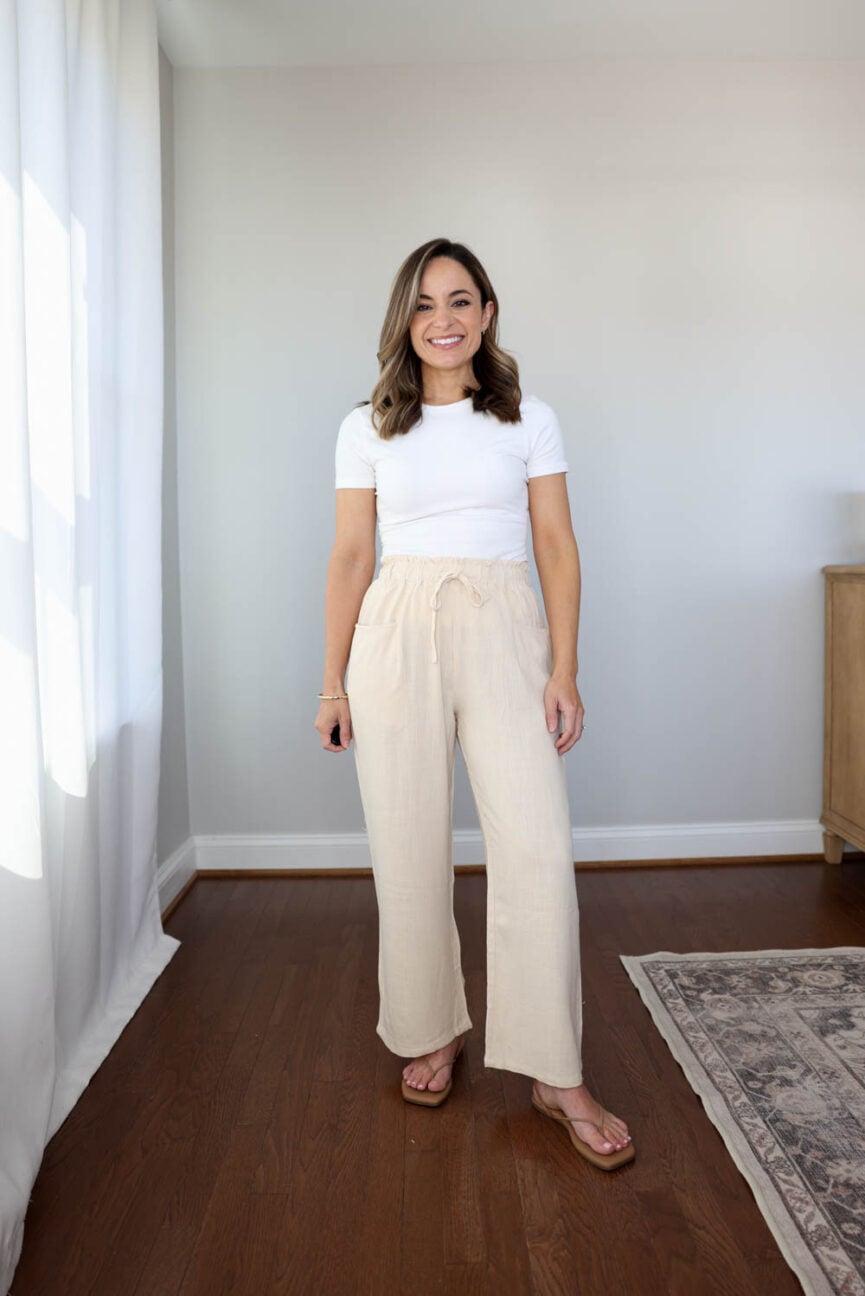 Amazon linen pants on a petite frame showing fit and length during wash and wear test.