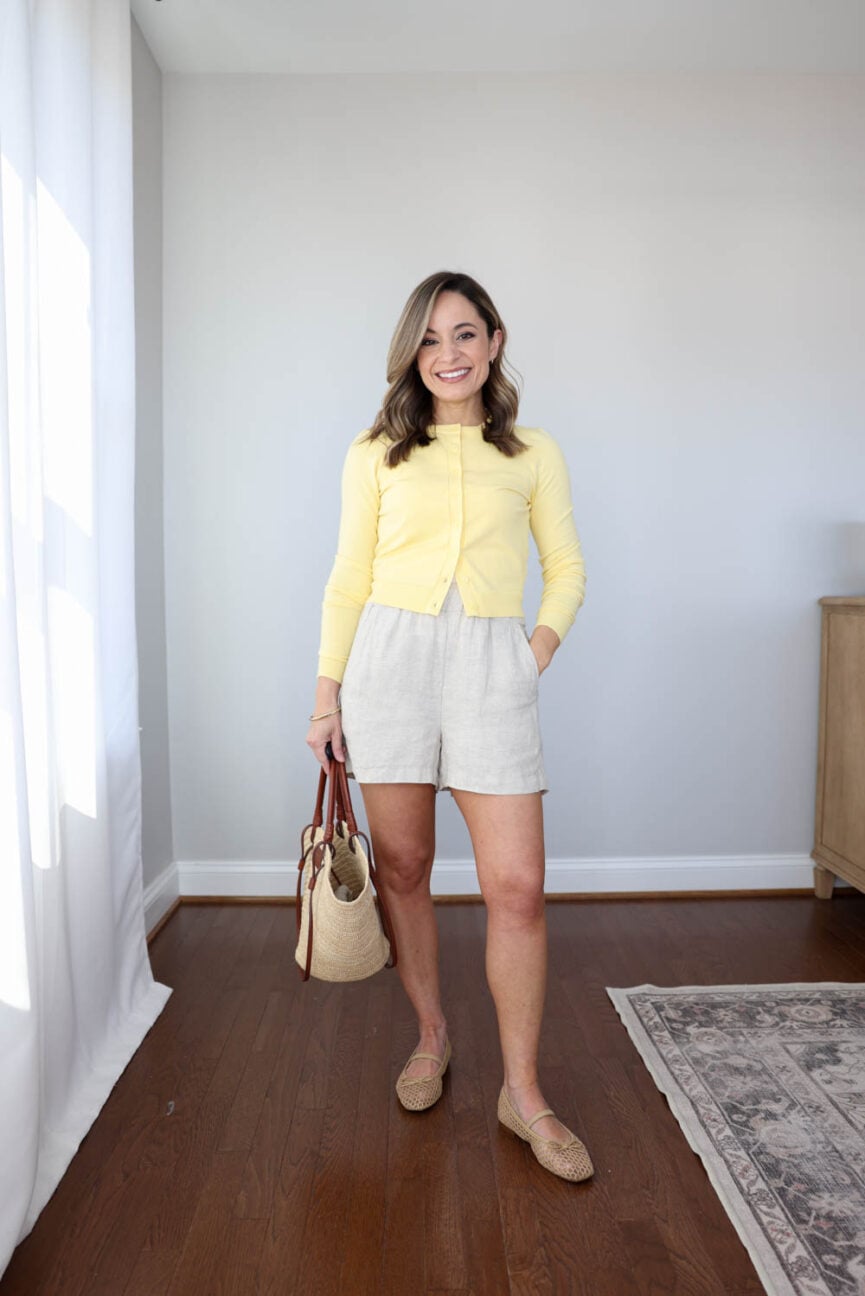petite spring outfit from a 10-piece capsule wardrobe | spring outfit with a yellow cardigan and linen shorts 