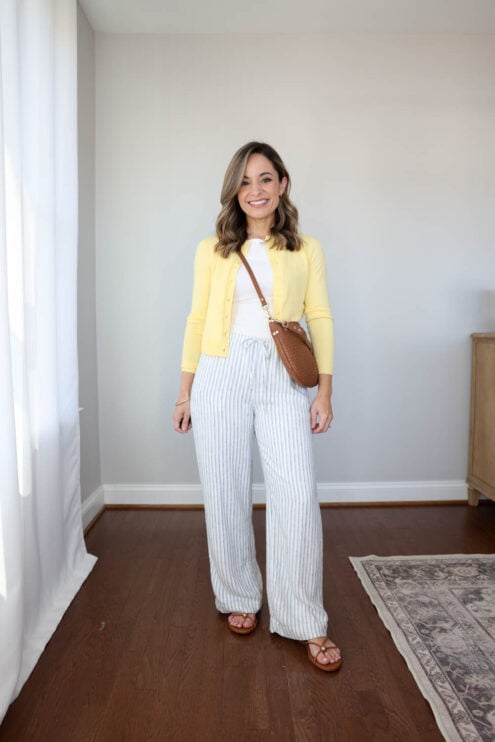 petite spring outfit from a 10-piece capsule wardrobe | spring outfit with linen blend pants and a cardigan