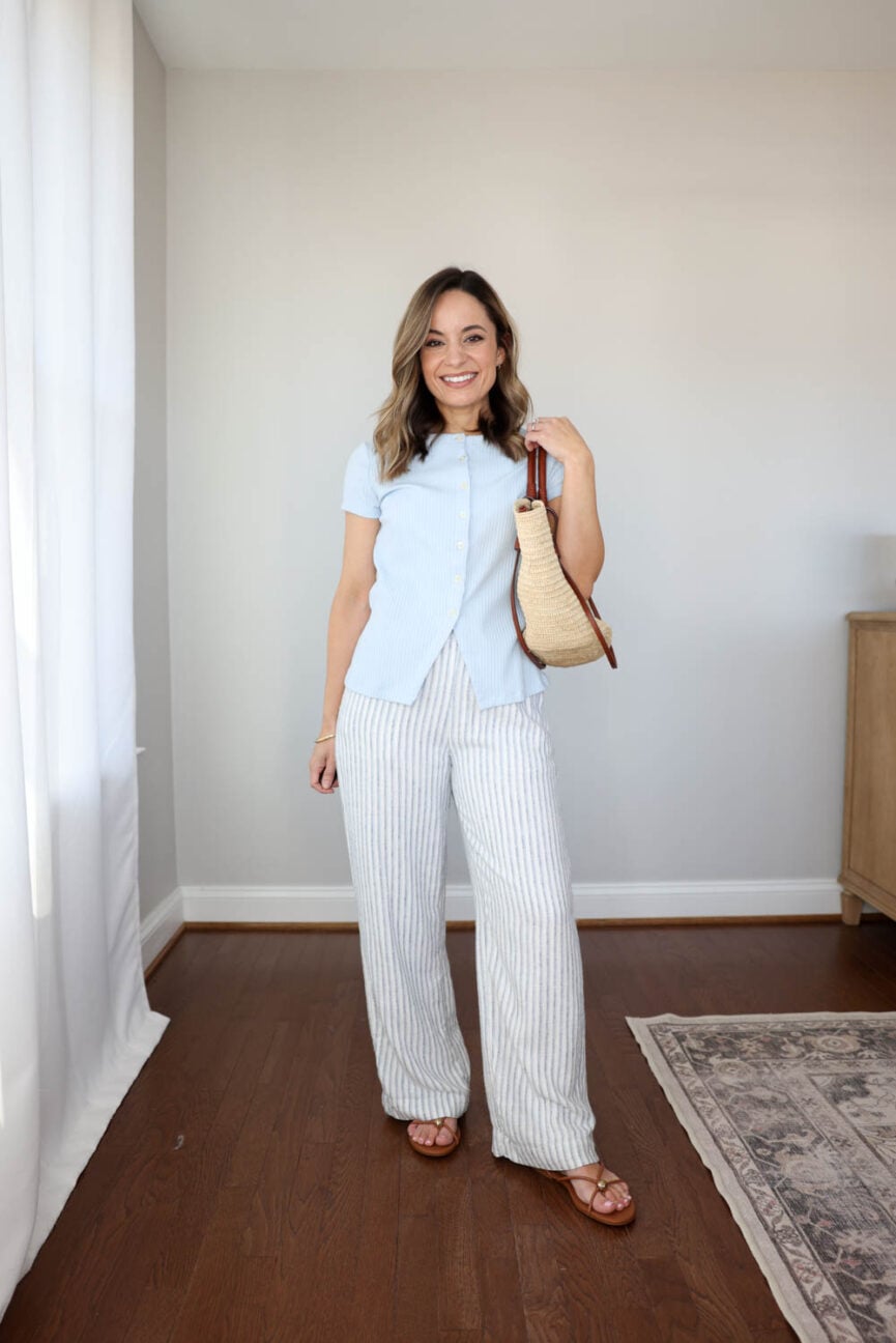 petite spring outfit from a 10-piece capsule wardrobe | petite friendly spring outfit with linen blend pants