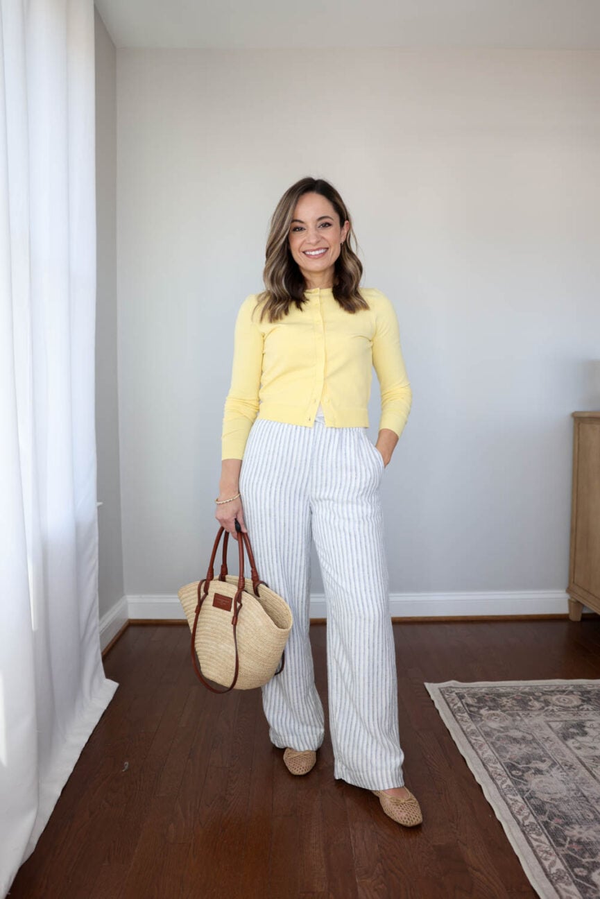 petite spring outfit from a 10-piece capsule wardrobe | striped linen blend pants paired with a yellow cardigan spring outfit 