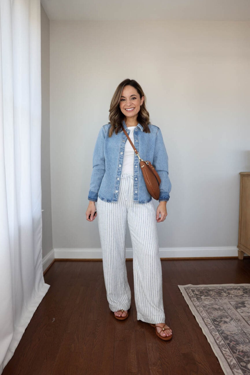 petite spring outfit from a 10-piece capsule wardrobe | spring outfit with linen blend pants and a denim shirt 
