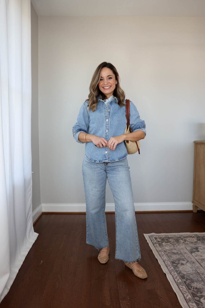 petite spring outfit from a 10-piece capsule wardrobe | denim top and jeans outfit for spring 
