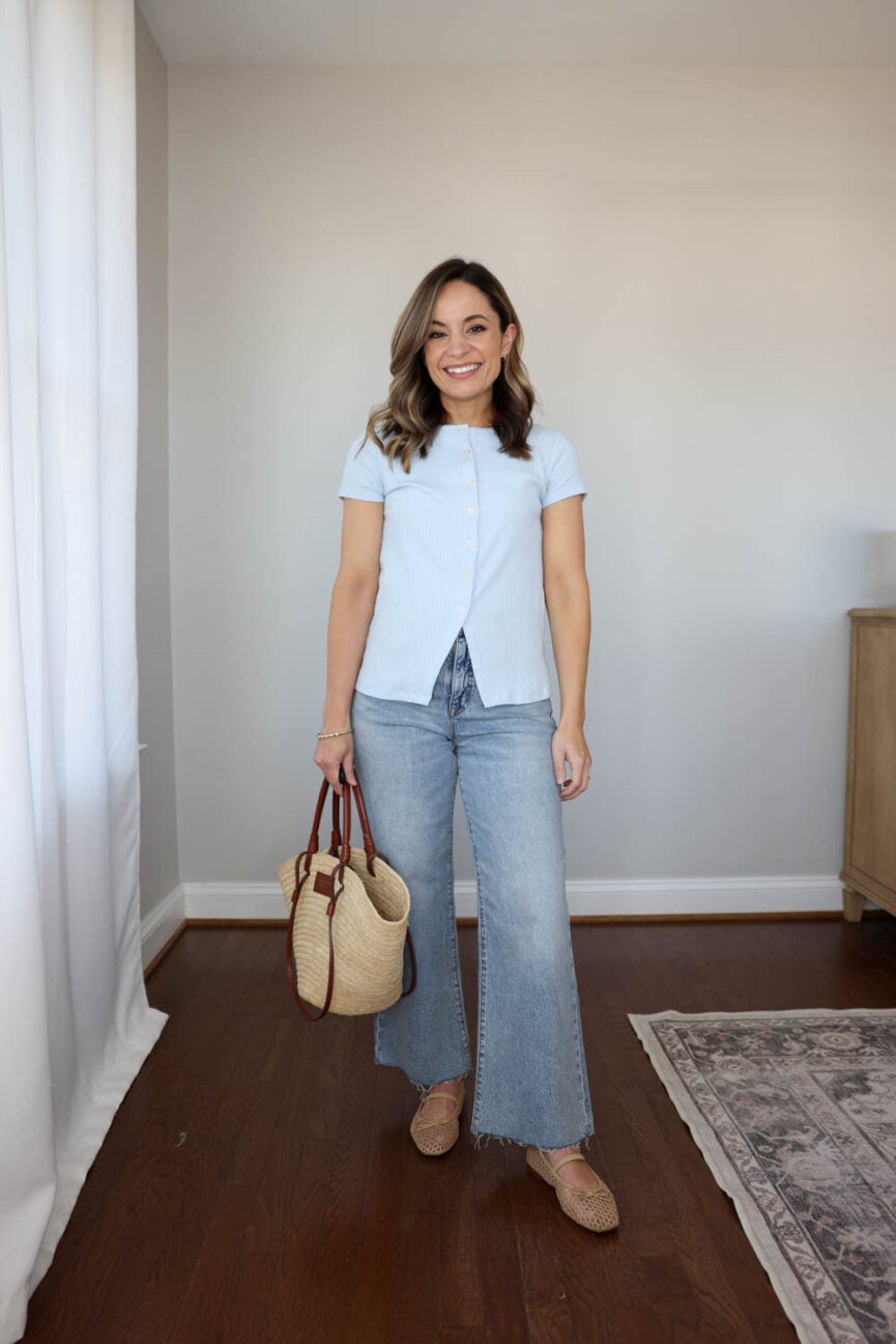 petite spring outfit from a 10-piece capsule wardrobe | petite-friendly spring outfit with a blue top and jeans 