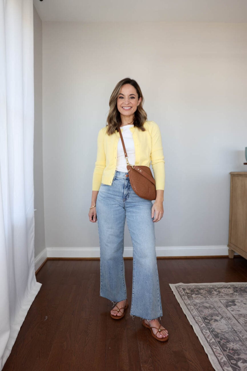 petite spring outfit from a 10-piece capsule wardrobe | petite-friendly spring outfit with jeans and a yellow cardigan 