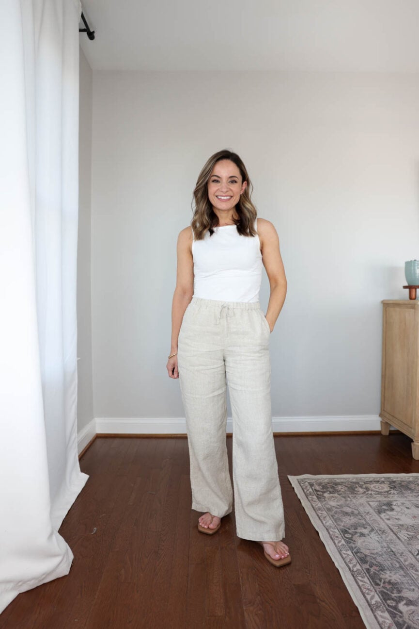 Petite-friendly Madewell linen pants outfit showing fit and length before wash test.