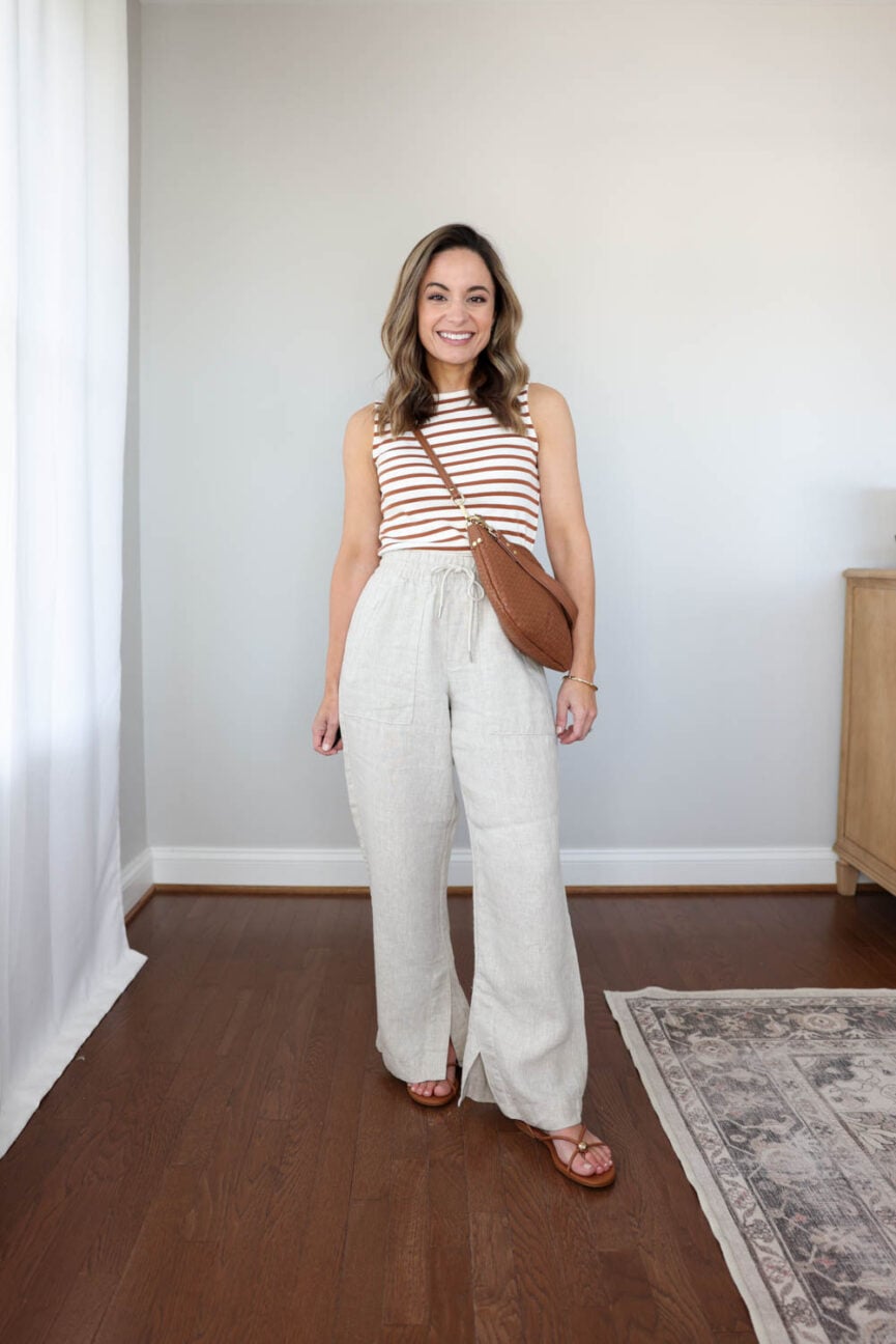 Petite-friendly capsule wardrobe with 11 items and 20 outfits styled with activewear bottoms | petite friendly spring outfits | linen outfits for petites | capsule wardrobes 