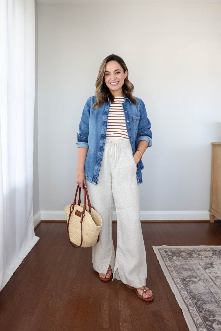 Petite-friendly capsule wardrobe with 11 items and 20 outfits styled with activewear bottoms | petite friendly spring outfits | linen outfits for petites | capsule wardrobes 