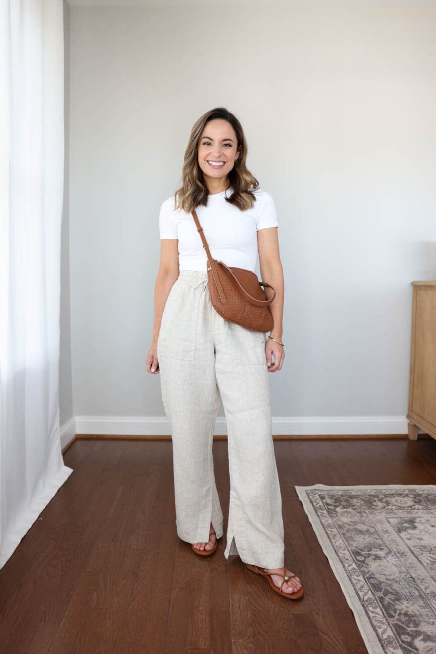 Petite-friendly capsule wardrobe with 11 items and 20 outfits styled with activewear bottoms | petite friendly spring outfits | linen outfits for petites | capsule wardrobes 