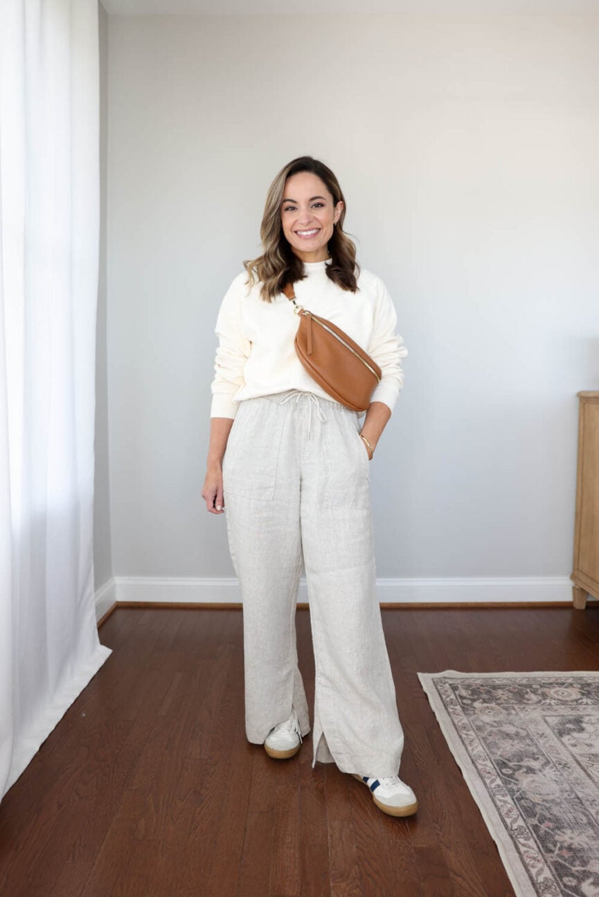 Petite-friendly capsule wardrobe with 11 items and 20 outfits styled with activewear bottoms | petite friendly spring outfits | linen outfits for petites | capsule wardrobes 
