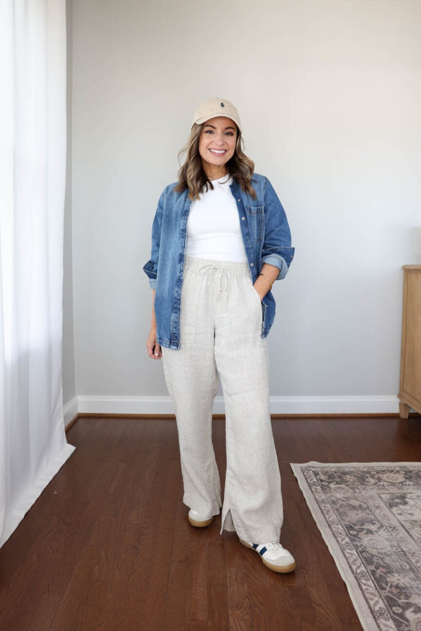 Petite-friendly capsule wardrobe with 11 items and 20 outfits styled with activewear bottoms | petite friendly spring outfits | linen outfits for petites | capsule wardrobes 