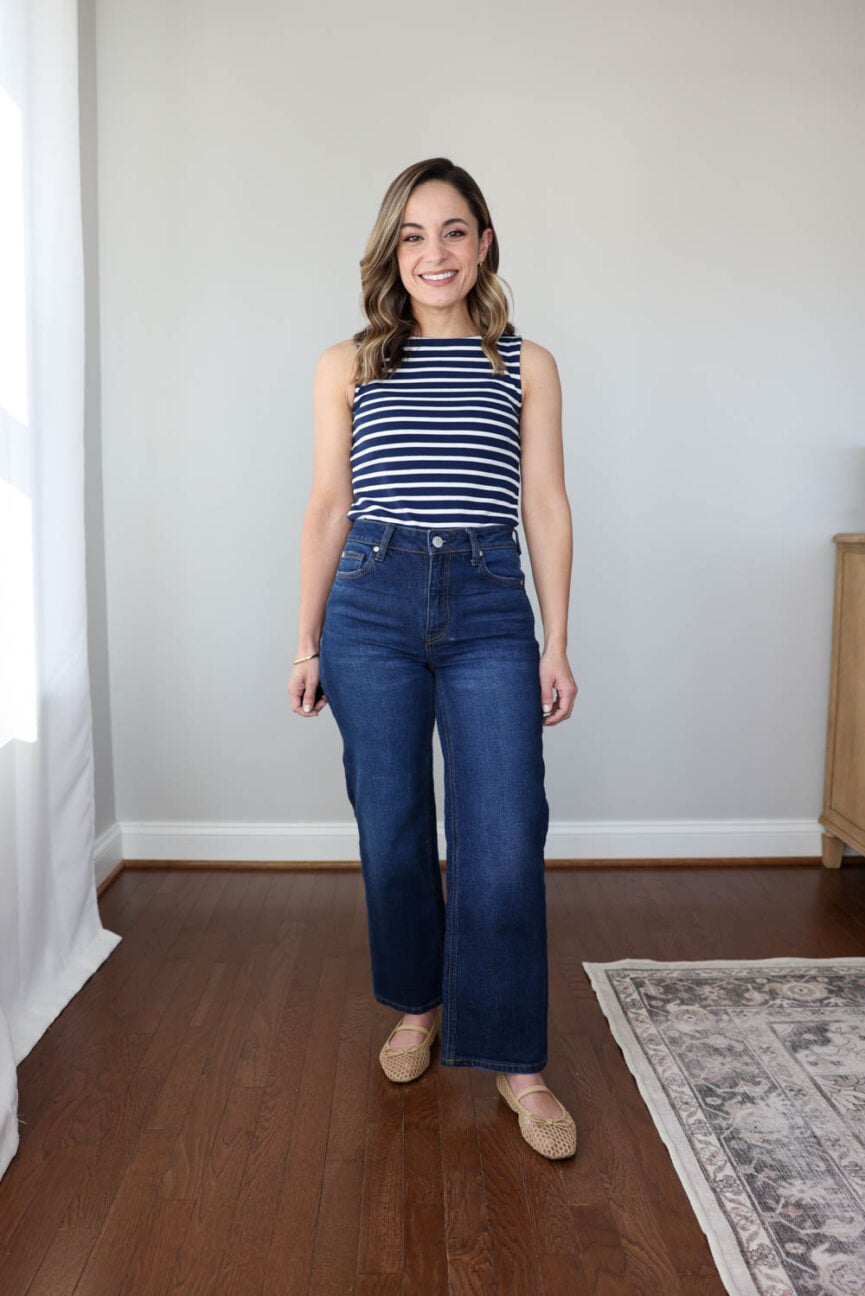 Petite-friendly jeans from Quince wash and wear test via pumps and push-ups blog | Quince Relaxed Straight Jeans