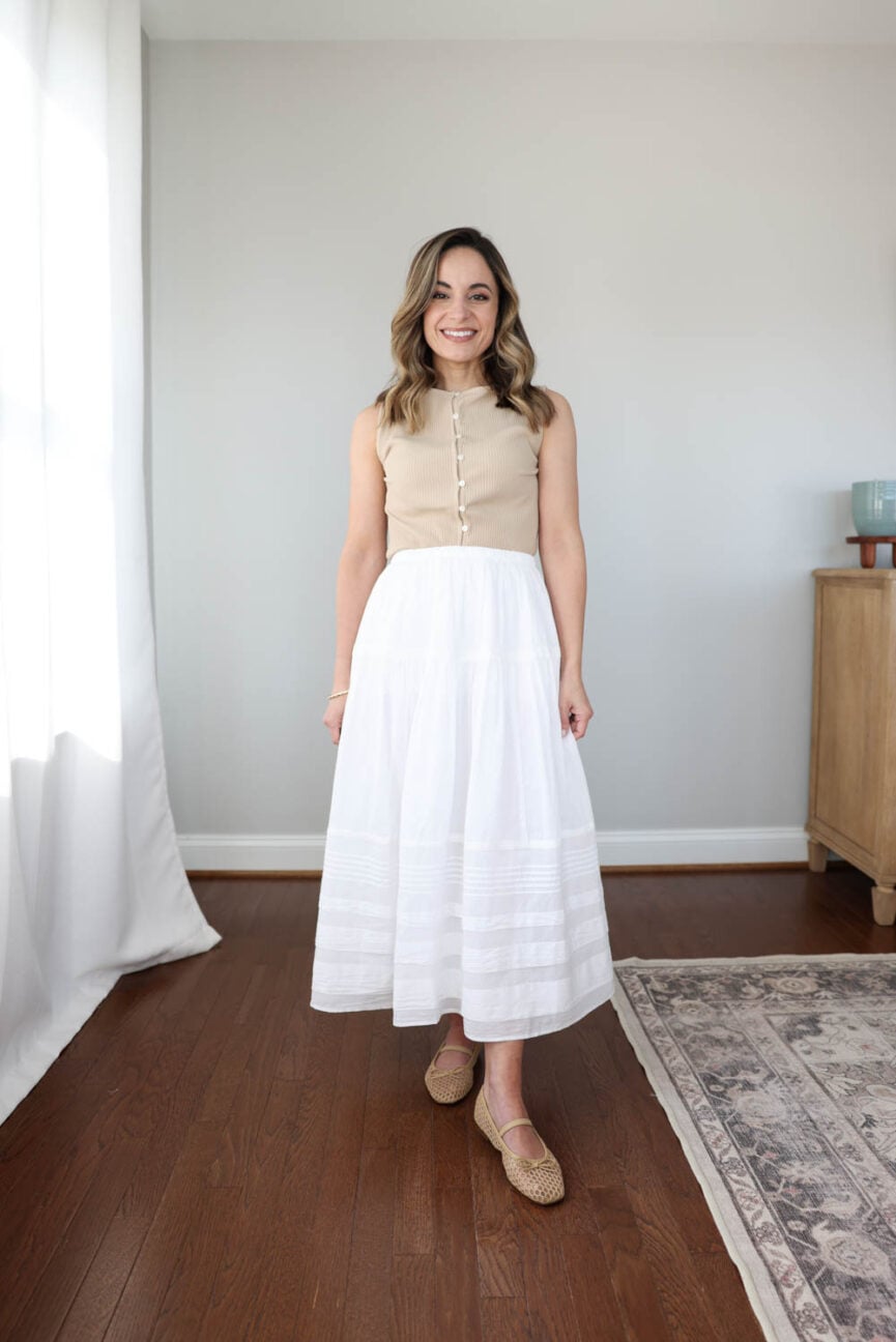 Petite-friendly white cotton midi and maxi skirts for petites | white maxi skirt for petites | comparison of petite-friendly cotton maxi and midi skirts