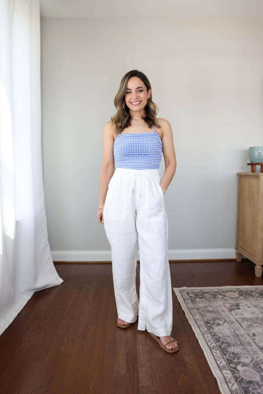 Petite-friendly linen pants outfit | waterproof sandals | crocs miami two strap 
