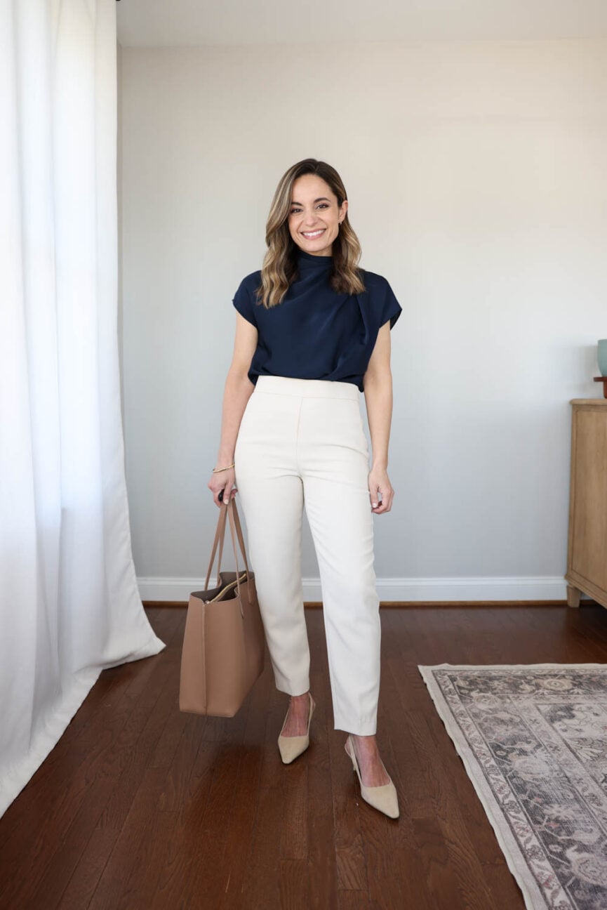 Petite-friendly mix and match workwear outfits | mini capsule wardrobe for work | spring and summer outfits for work with ivory pants