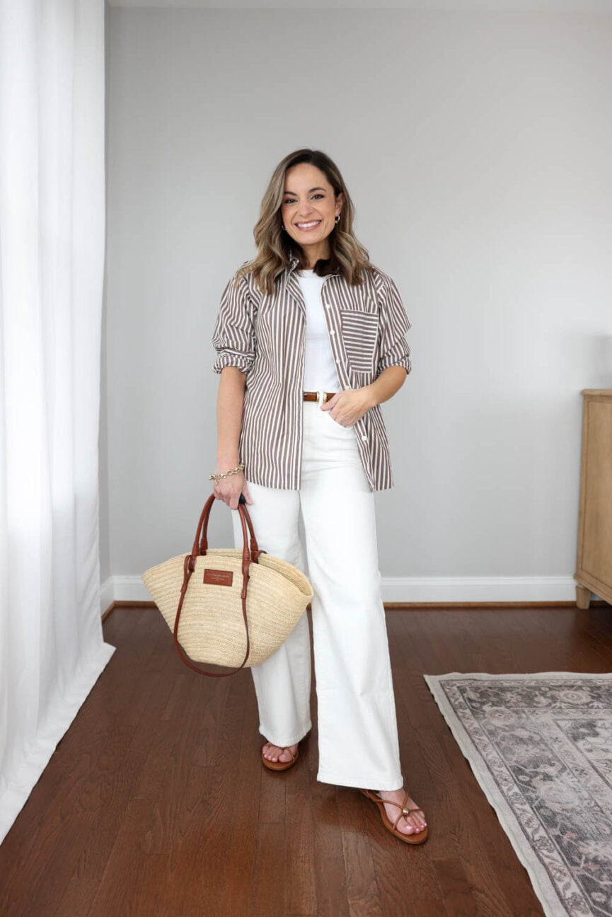Casual spring capsule wardrobe with 10 pieces styled into 15+ outfit ideas including jeans, flats, sneakers, and easy everyday outfits.