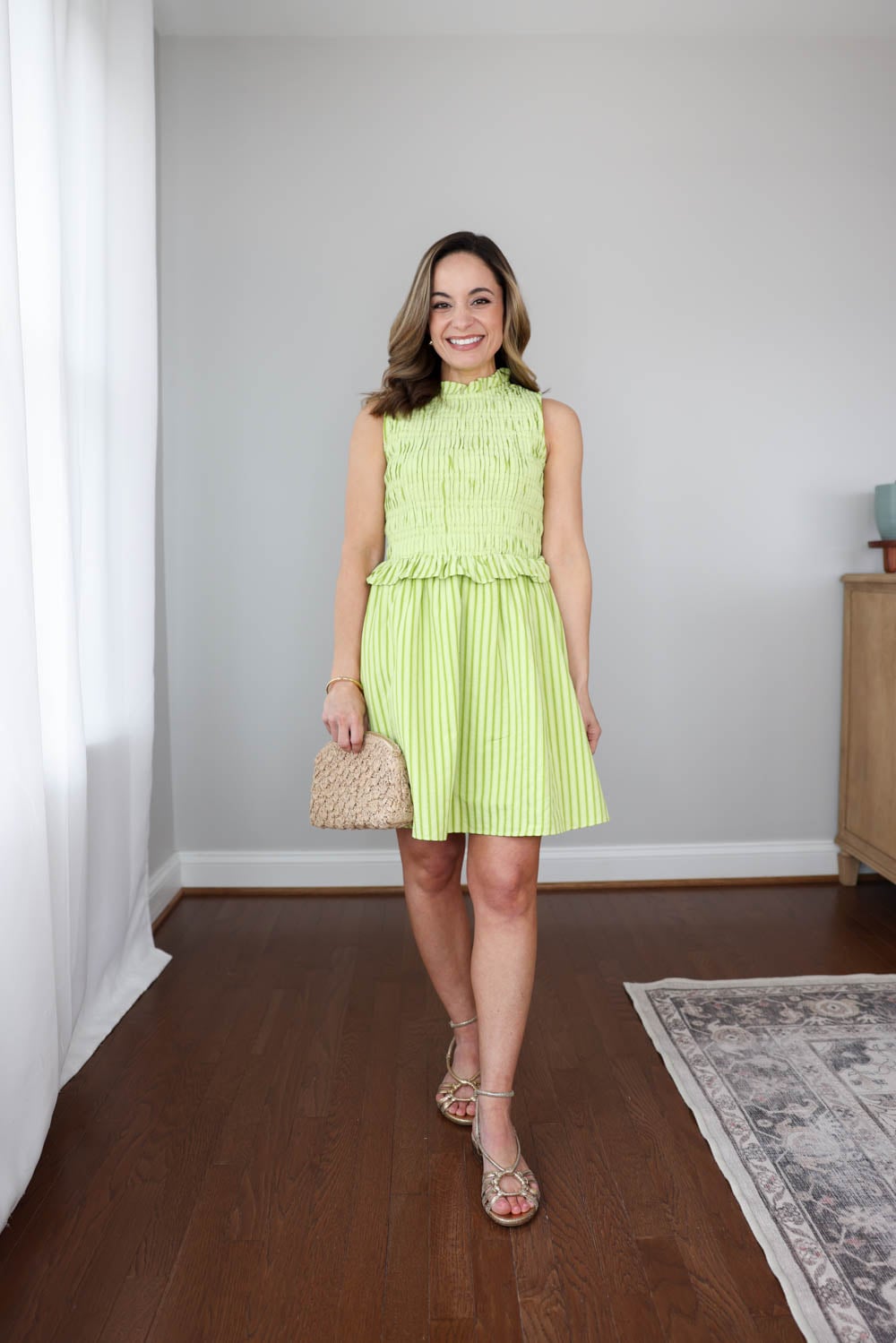 Above the knee dresses for petites via pumps and push-ups blog | green mini dress | smocked dress