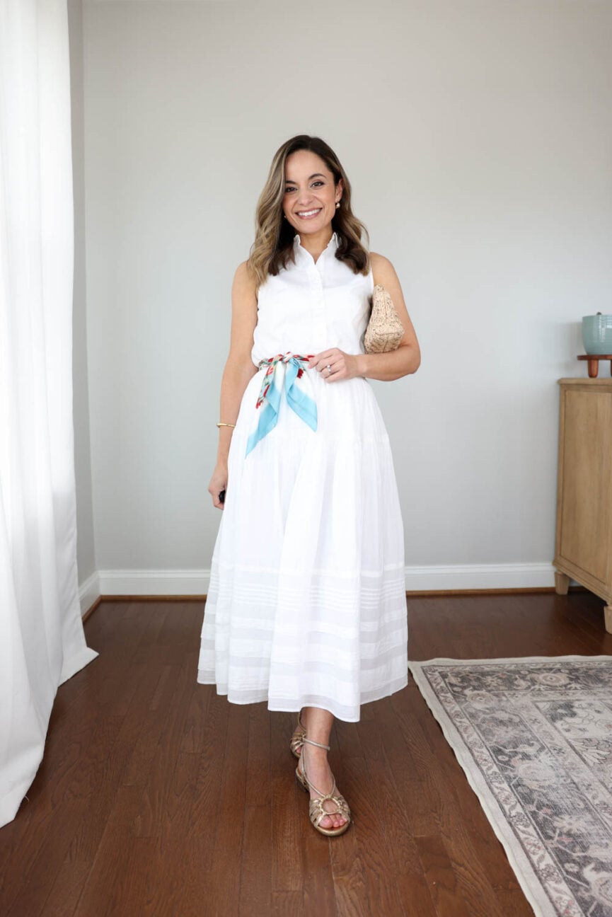 Three ways to style a silk scarf | all white outfit for summer | how to style a maxi cotton skirt for petites | maxi skirt outfit