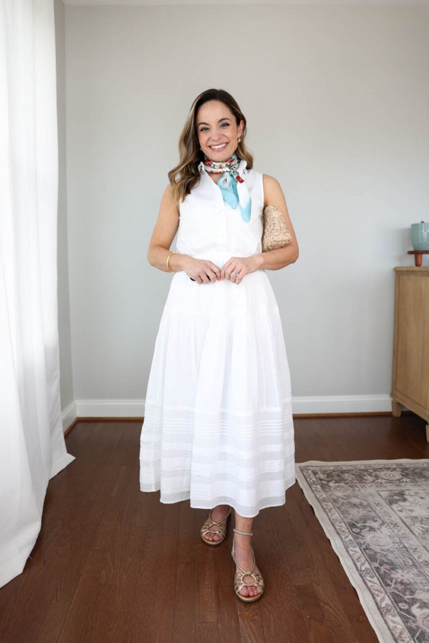 Three ways to style a silk scarf | all white outfit for summer | how to style a maxi cotton skirt for petites | maxi skirt outfit