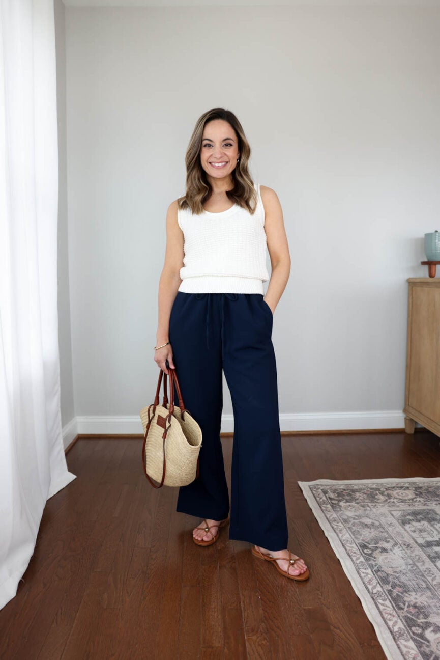 Petite-friendly casual spring outfit with pull on crepe pants and a sweater tank top | lodge pants alternatives | petite-friendly wide leg pants