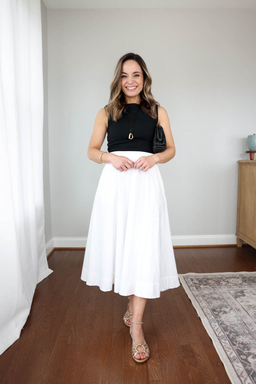 Three neutral outfits for spring and summer | black and white outfits | white poplin skirt outfits | petite friendly neutral outfits