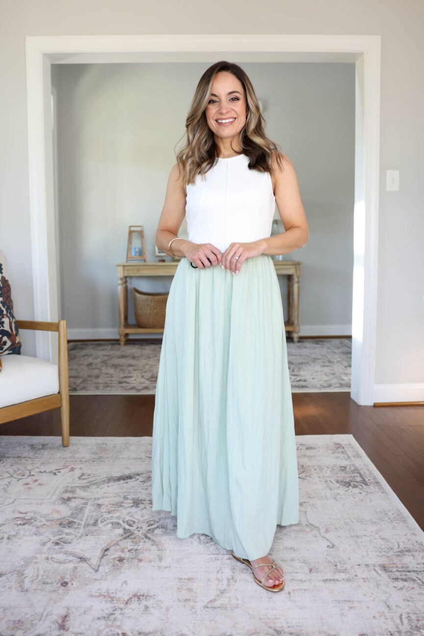 Petite maxi dress outfit from Amazon—double-lined top and flowing skirt styled on a 4’10” frame.