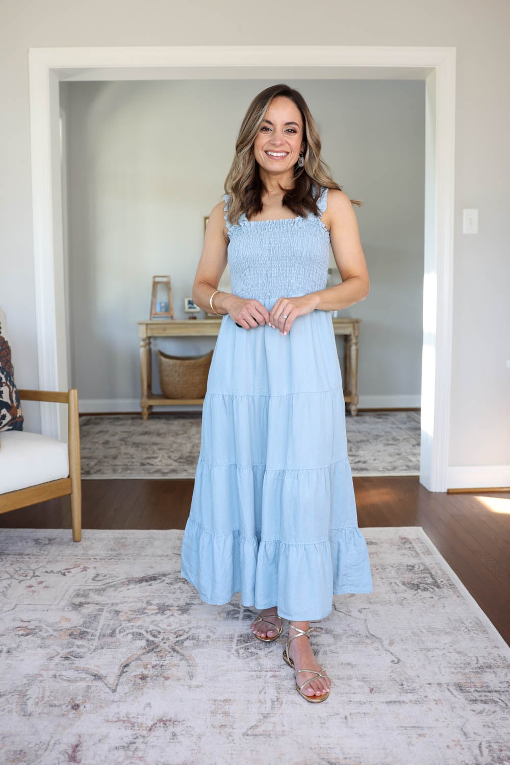 Petite outfit wearing Dear John Grace Dress in chambray—tiered midi dress styled on a 4’10” frame | petite-friendly maxi dresses 