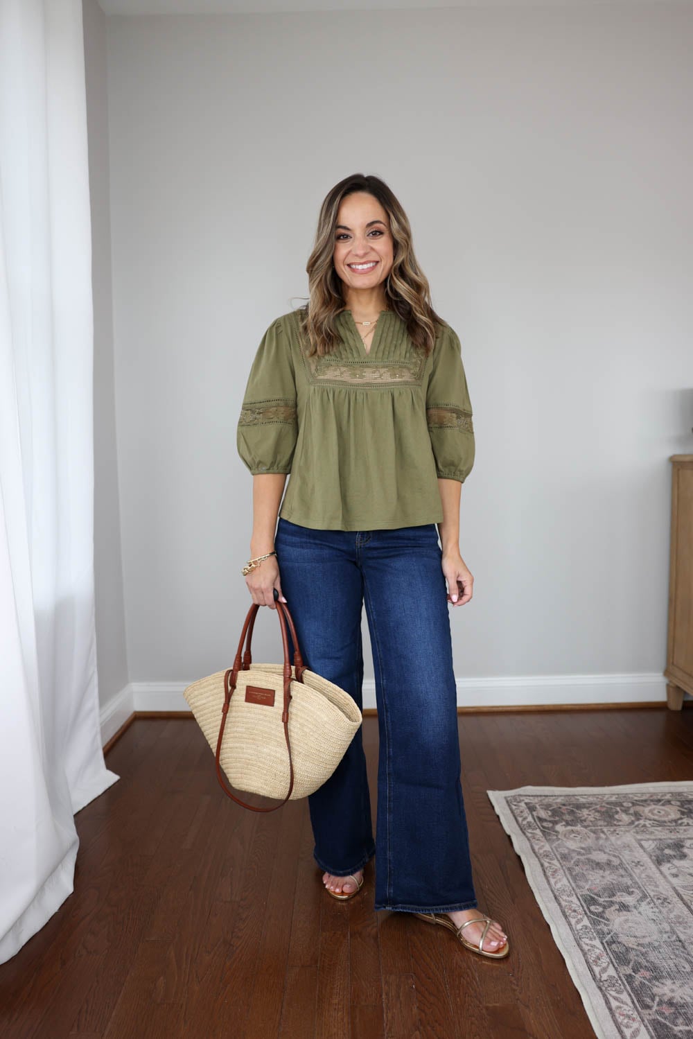 Relaxed and petite-friendly spring outfit with wide leg jeans and untucked boho top | cotton tops for summer 
