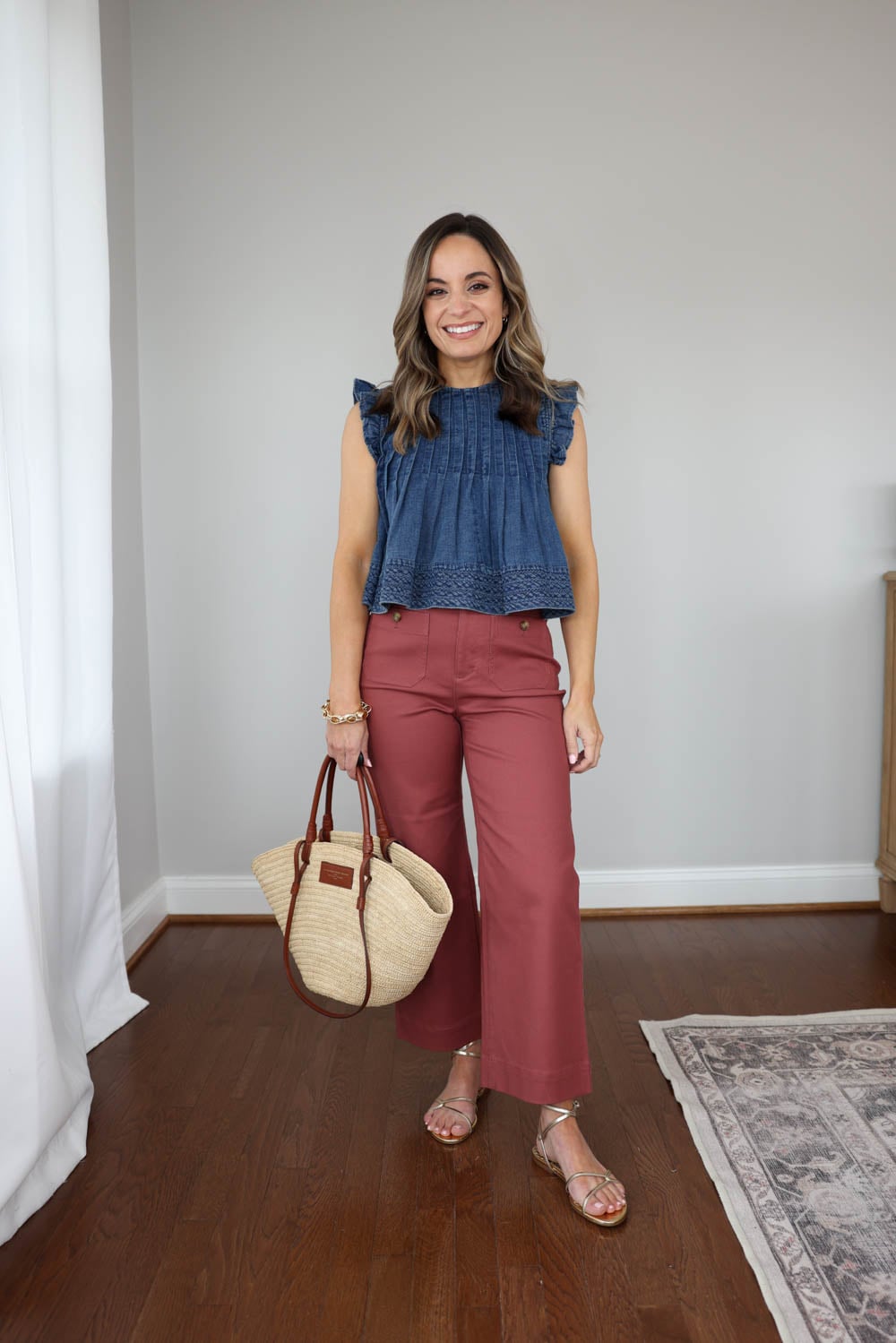 Petite friendly summer outfit via pumps and push-ups blog | Summer outfit with cropped wide leg pants and a cropped denim top 