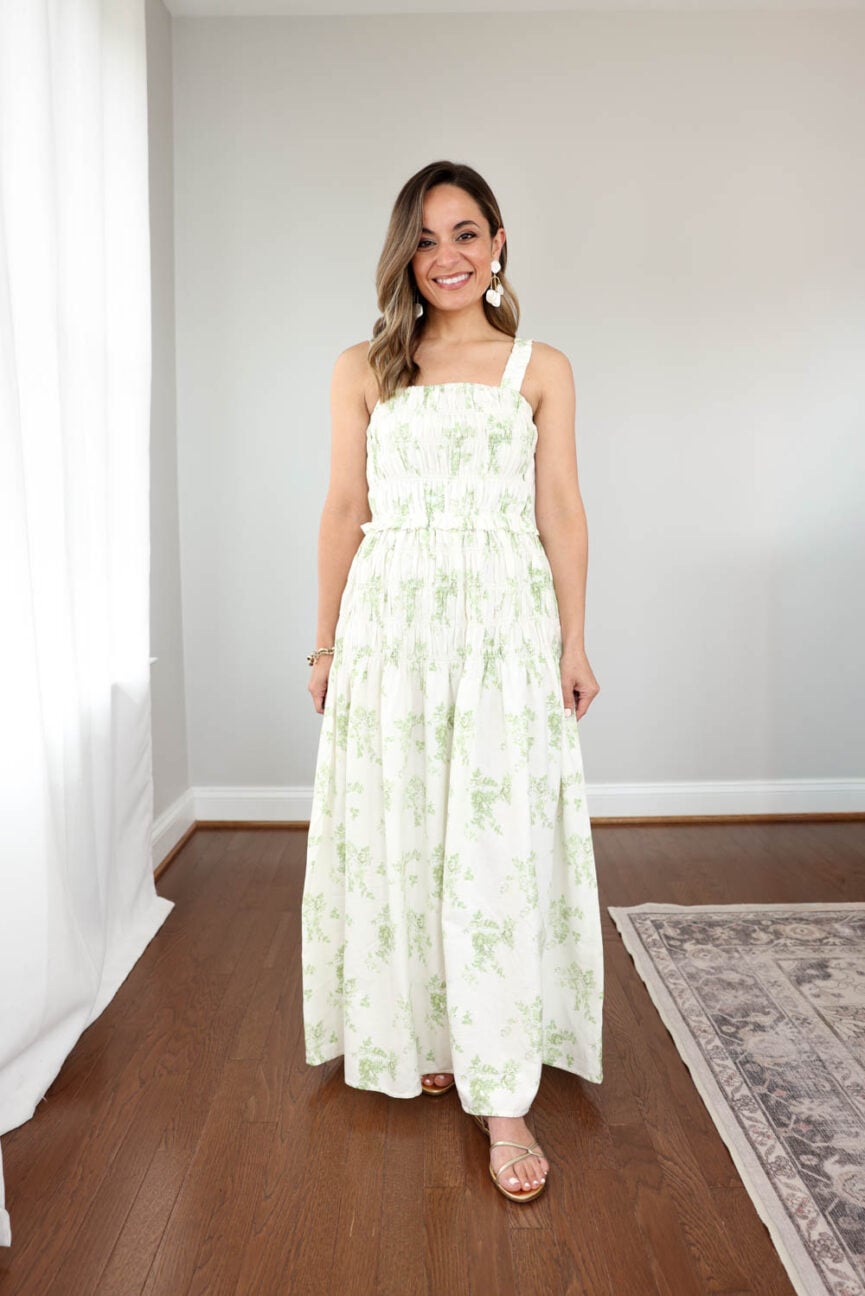 Brooke of Pumps and Push Ups wearing a Target printed maxi dress styled for petites with adjusted straps and a lightweight summer fit.