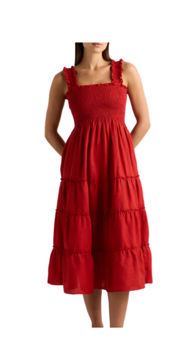 European linen smocked midi dress - casual summer dress for petites