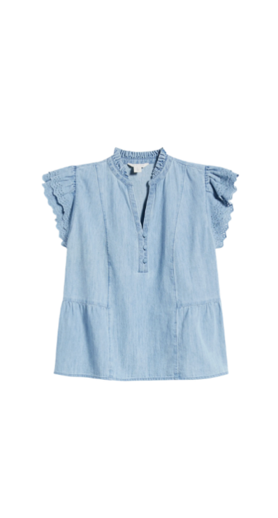 Ruffle eyelet chambray top petite friendly