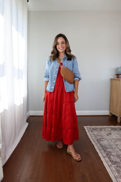 Petite-friendly layering ideas for a linen dress | ways to layer a dress | how to wear a denim shirt over a dress
