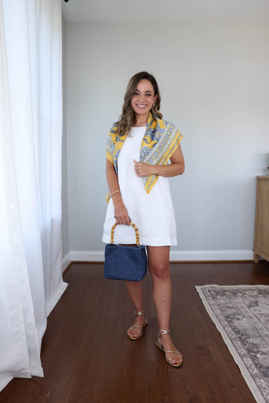 Petite-friendly outfit idea for vacation with a white linen dress | ways to wear a white linen dress on vacation