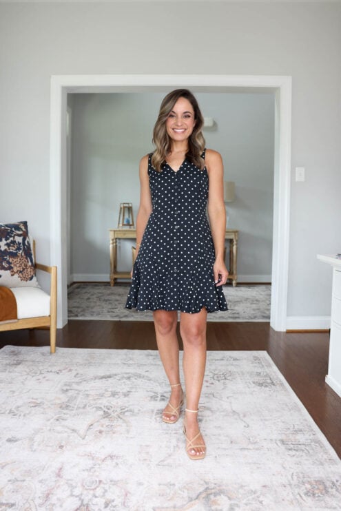 Petite-friendly black and white godet dress, styled by petite style blogger Brooke of Pumps and Push-Ups | petite dresses | above the knee dresses for petites