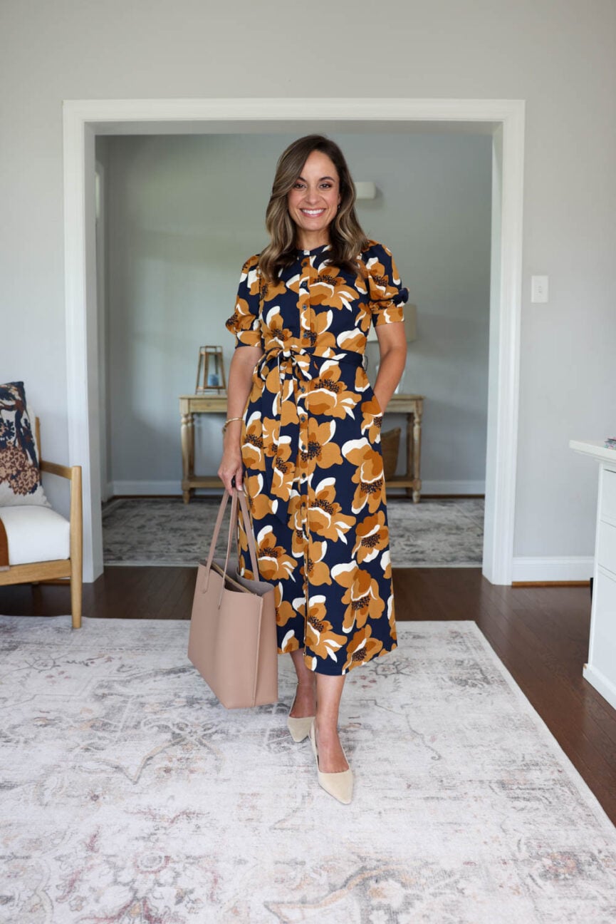 Petite-friendly outfits for work | printed dress from Boden | petite dresses for work | fall transition dresses