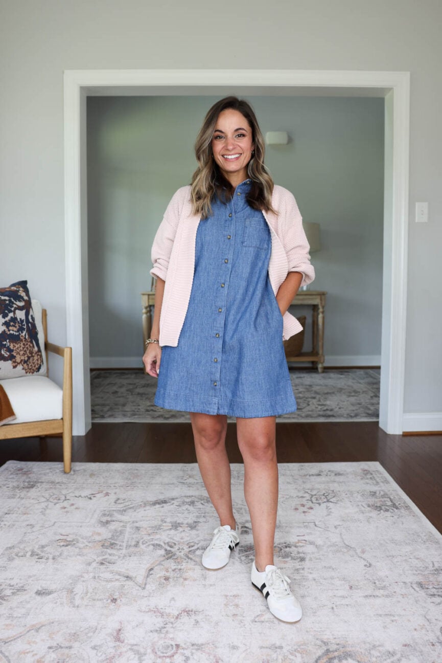 Outfits for teachers series for petites via pumps and push-ups | chambray dress styled with sneakers for petites 