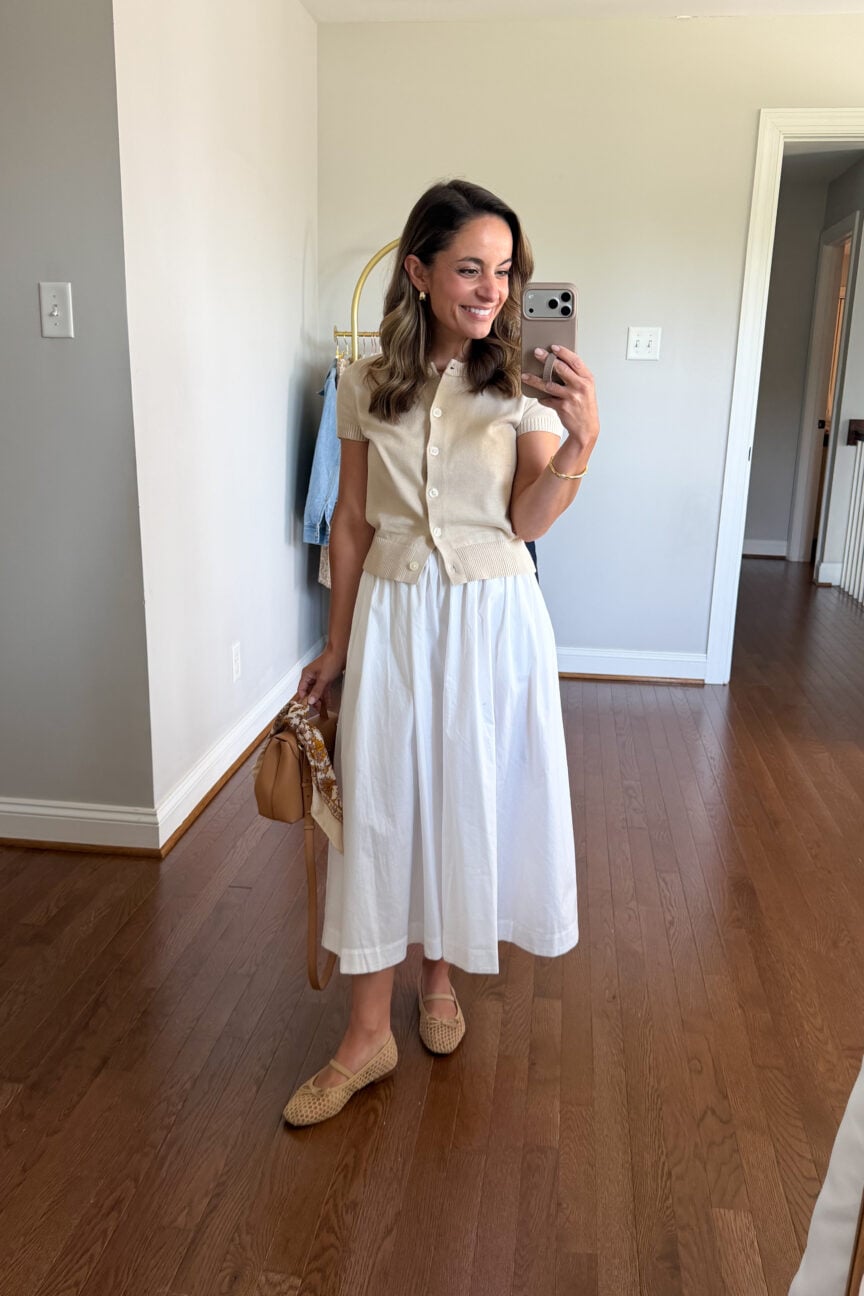 Petite-friendly ways to wear a white cotton poplin midi skirt | white skirt outfit ideas