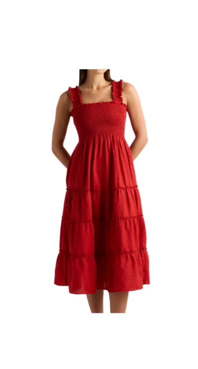Quince smocked european linen midi dress in red