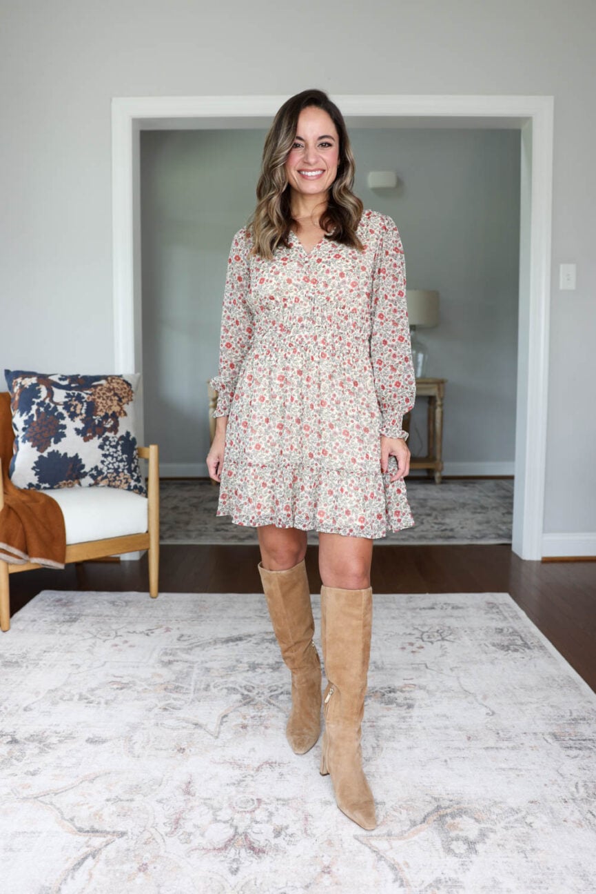 Early fall dress for petites with long sleeves | dresses that go with knee high boots for petites 