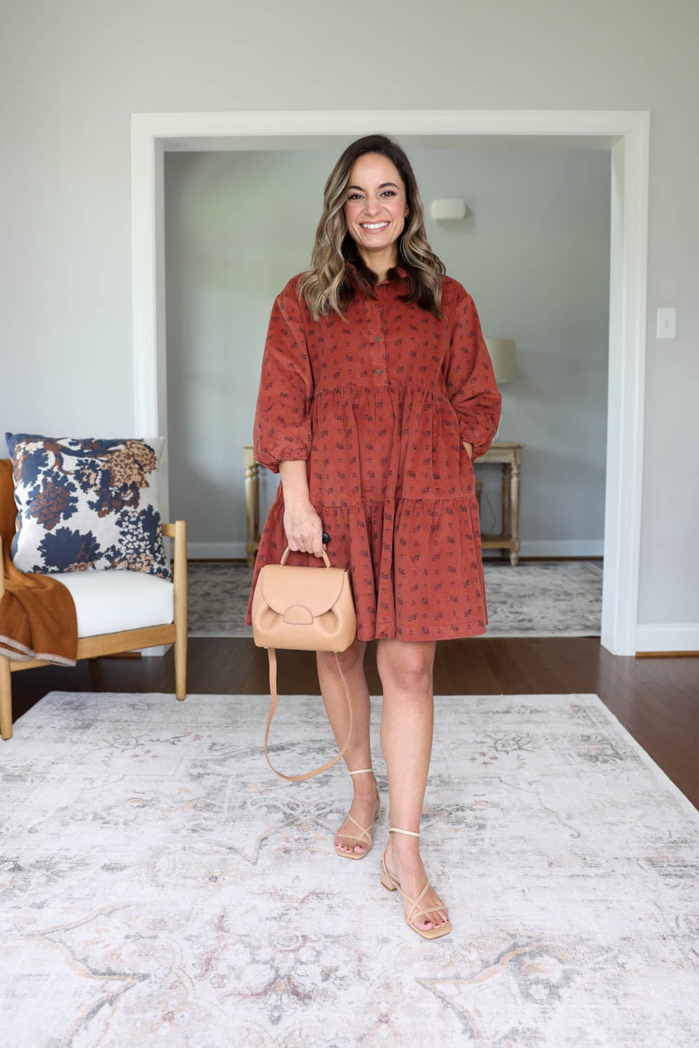 Petite-friendly fall dresses for petites | corduroy swing dress via pumps and push-ups blog