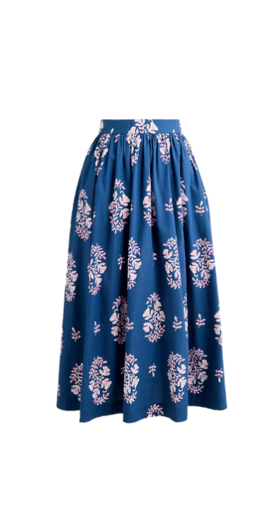 Blue floral poplin midi skirt