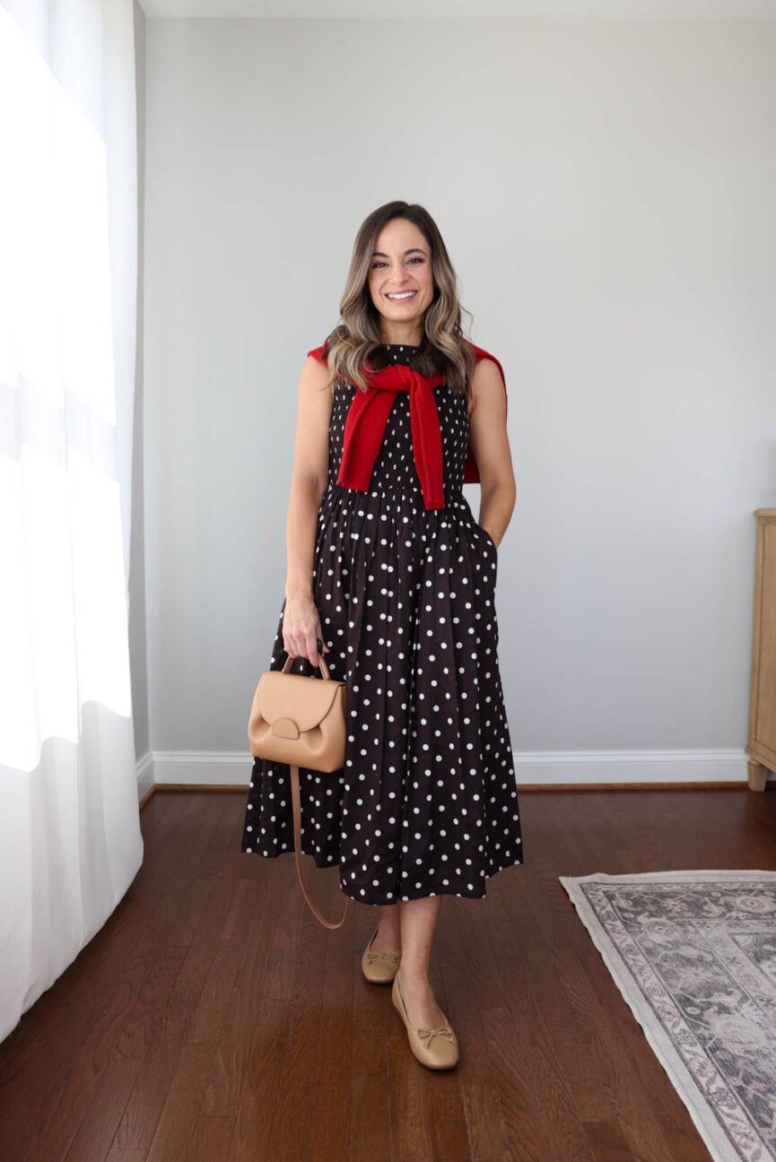 Petite-friendly midi dresses | brown and white polka dot dress | fall midi dresses for petites